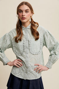 Sage Eyelet Ruffle Pocket Button-Up Blouse