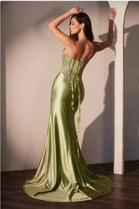 Greenery Crystal Strapless Fitted Satin Dress