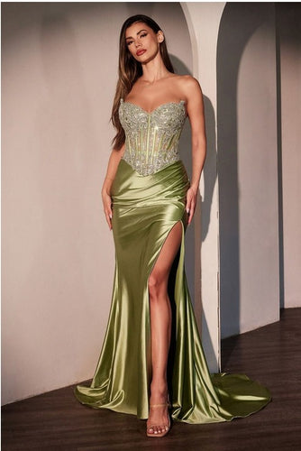 Greenery Crystal Strapless Fitted Satin Dress