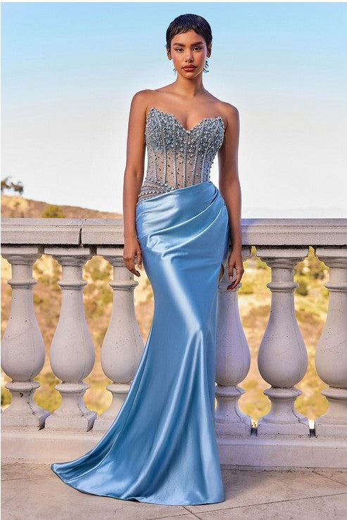 Blue Strapless Beaded Bodice & Satin Skirt Fitted Dress