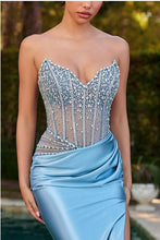 Blue Strapless Beaded Bodice & Satin Skirt Fitted Dress