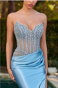 Blue Strapless Beaded Bodice & Satin Skirt Fitted Dress