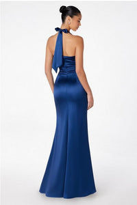 Navy Halterneck V-Neck Satin Gown