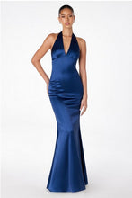 Navy Halterneck V-Neck Satin Gown