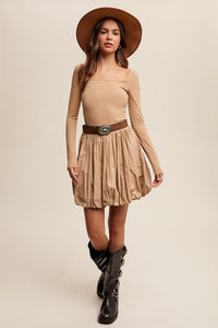 Taupe Elegant White Long-Sleeve Dress With Bubble Skirt