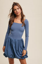 Denim Elegant White Long-Sleeve Dress With Bubble Skirt