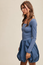 Denim Elegant White Long-Sleeve Dress With Bubble Skirt