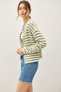 Sage Striped Ribbed Open Cardigan