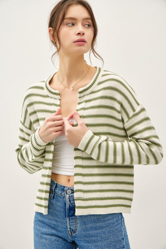 Sage Striped Ribbed Open Cardigan