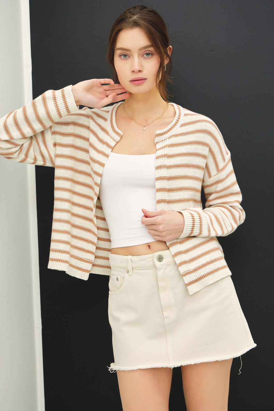 Mocha Striped Ribbed Open Cardigan