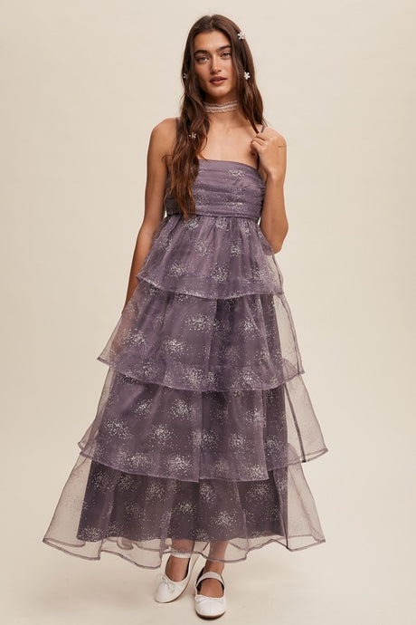 Mocha Grey Layered Glitter Tulle Dress