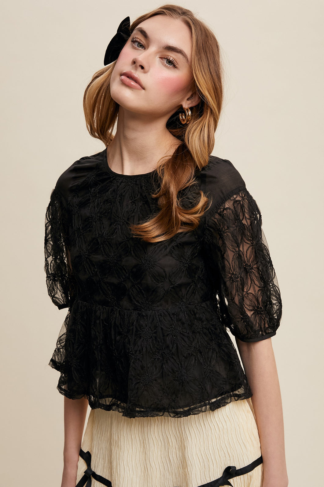 Black Floral Embroidered Sheer Peplum Blouse