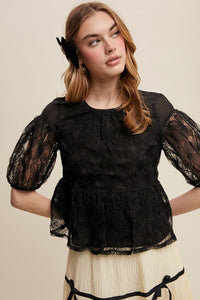 Black Floral Embroidered Sheer Peplum Blouse