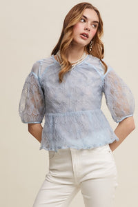 Misty Blue Floral Embroidered Sheer Peplum Blouse