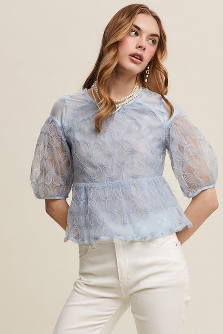 Misty Blue Floral Embroidered Sheer Peplum Blouse