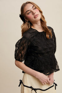 Black Floral Embroidered Sheer Peplum Blouse