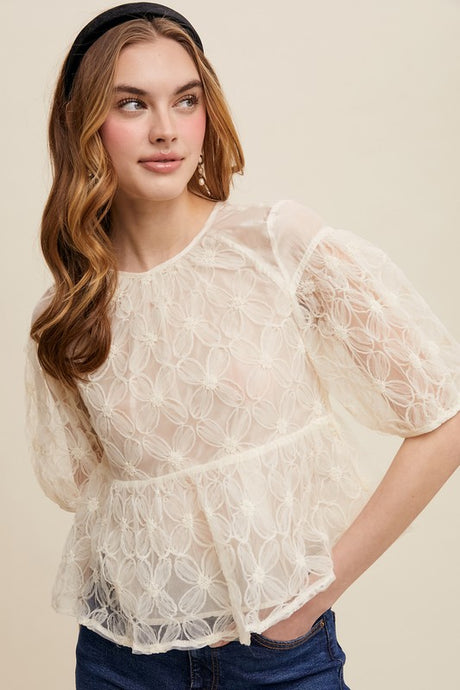 Ecru Floral Embroidered Sheer Peplum Blouse