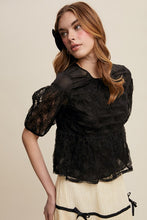 Black Floral Embroidered Sheer Peplum Blouse