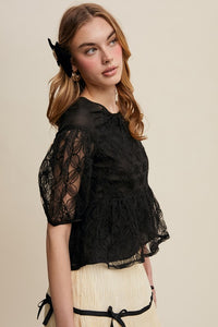 Black Floral Embroidered Sheer Peplum Blouse