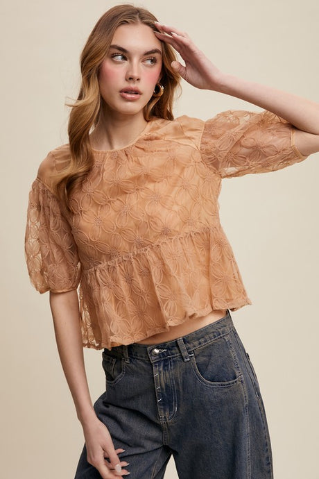 Ginger Floral Embroidered Sheer Peplum Blouse