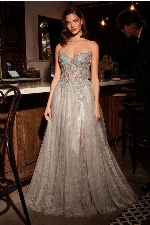 Silver Strapless Layered Tulle A-Line Dress