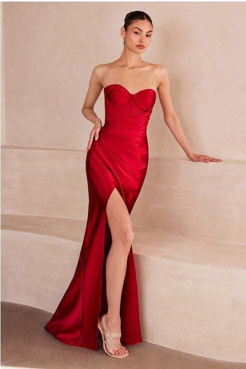 Burgundy Satin Evening Gown With Slits