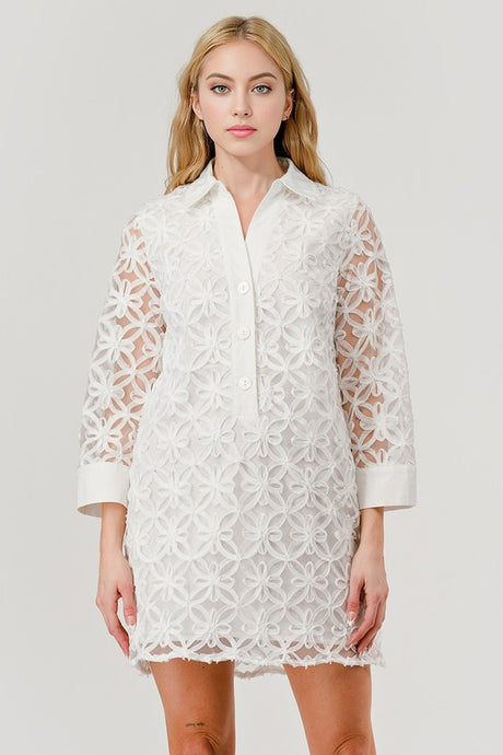 White Flower Shirt Dress