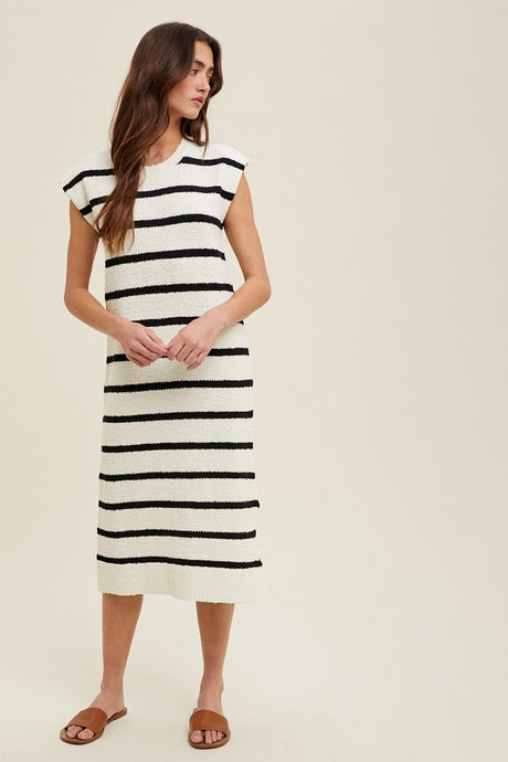 Off White/Black Striped Muscle Tank Sweater Midi Dress