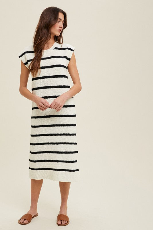 Off White/Black Striped Muscle Tank Sweater Midi Dress