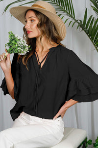 Black Tie Neck Layered Ruffle Short Sleeve Top