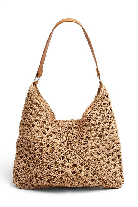 Khaki Triangular Pattern Design Straw Shoulder Bag