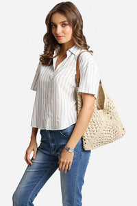 Beige Triangular Pattern Design Straw Shoulder Bag