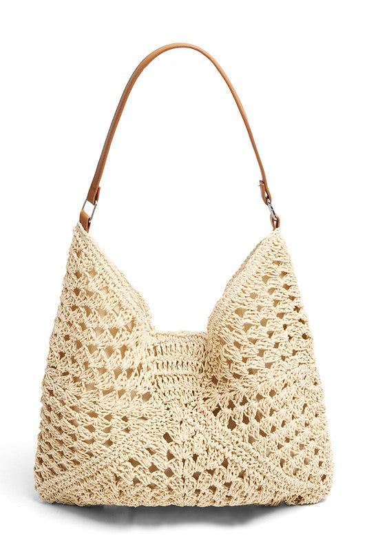 Beige Triangular Pattern Design Straw Shoulder Bag