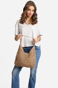 Khaki Triangular Pattern Design Straw Shoulder Bag