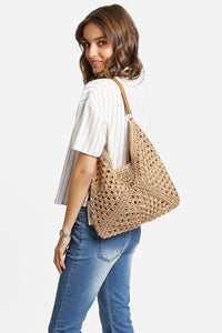 Khaki Triangular Pattern Design Straw Shoulder Bag