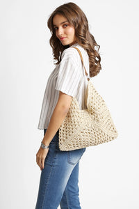 Beige Triangular Pattern Design Straw Shoulder Bag