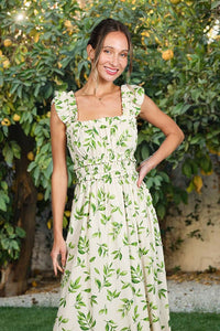 Natural/Green Shoulder Strap Leaves Printed Midi Dress