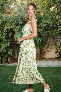 Natural/Green Shoulder Strap Leaves Printed Midi Dress