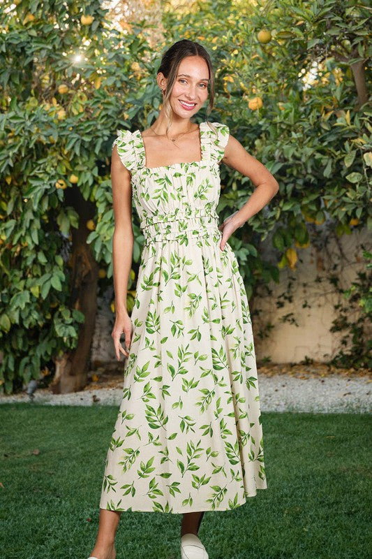 Natural/Green Shoulder Strap Leaves Printed Midi Dress