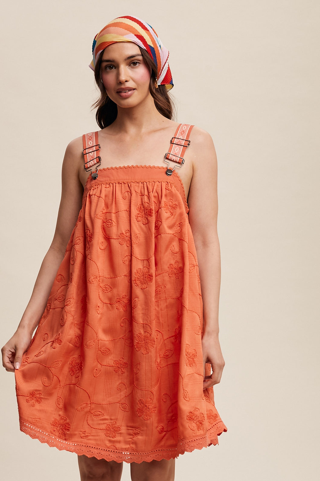 Coral Romantic Embroidered Overall Dress