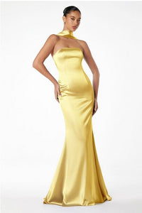 Pale Yellow One-Shoulder Satin Long Evening Gown