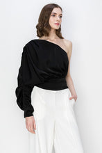 Black Satin One Shoulder Shirring Blouse Top