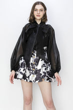 Black Sheer Organza Bow Long Sleeve Blouse Top