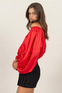 Red Orange Off-Shoulder Satin Balloon Sleeve Top