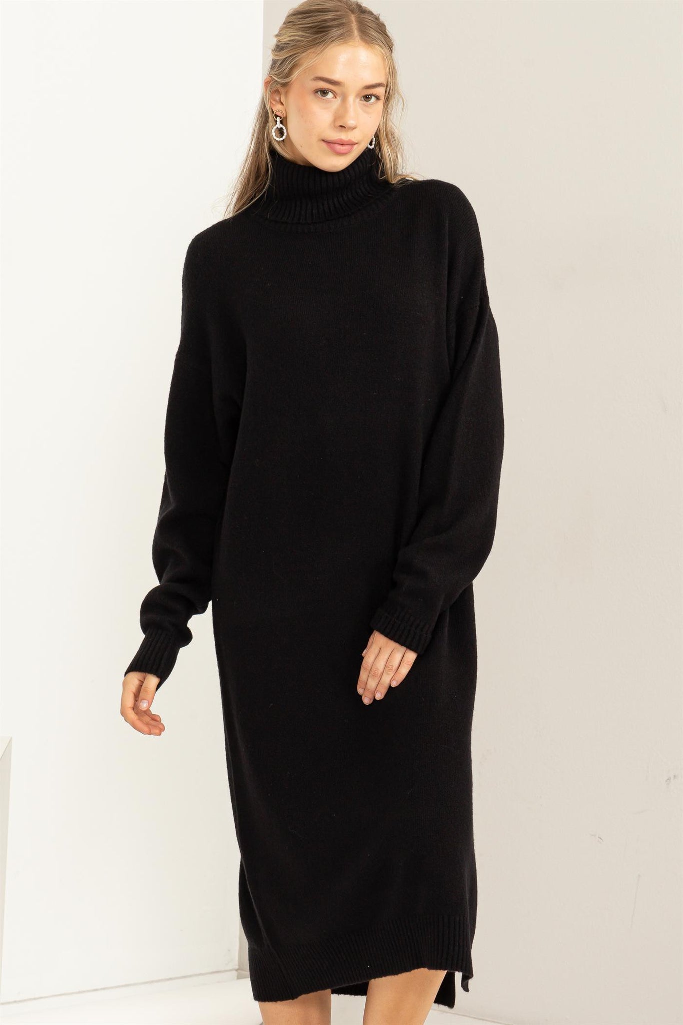 Cute Black Sweater Dress - Long Sleeve Dress - Turtleneck Dress