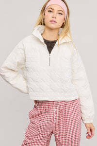 Ivory Quilted Puffer Sweater With Collared Zipper