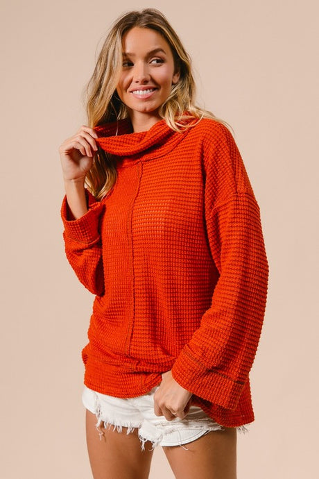 Rust Popcorn Waffle Turtle Neck Top