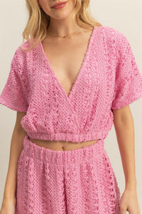 Pink Set-Vneck Crochet Crop Top And Shorts Set