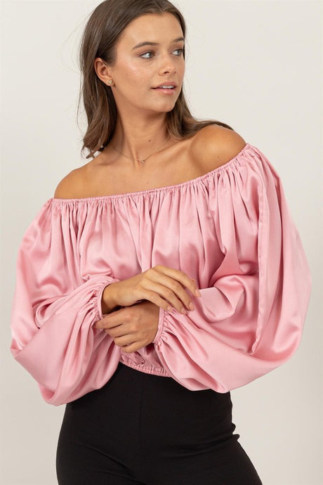 Pink Off-Shoulder Satin Balloon Sleeve Top