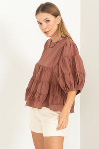 Brown Simply Beautiful Elbow Sleeve Tiered Top